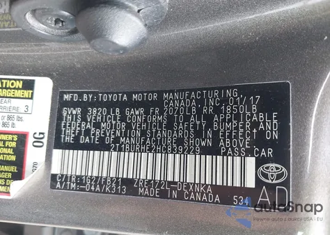 2017 Toyota Corolla Le из США, поврежденный, VIN 2T1BURHE2HC839229